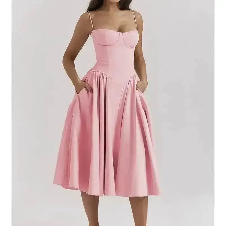 Elegant Spaghetti Strap Midi Dress Women Party Slim A Line Solid Suspender Lady Dresses New Spring Summer Fashion Sexy Vestidos - GiFTiFY