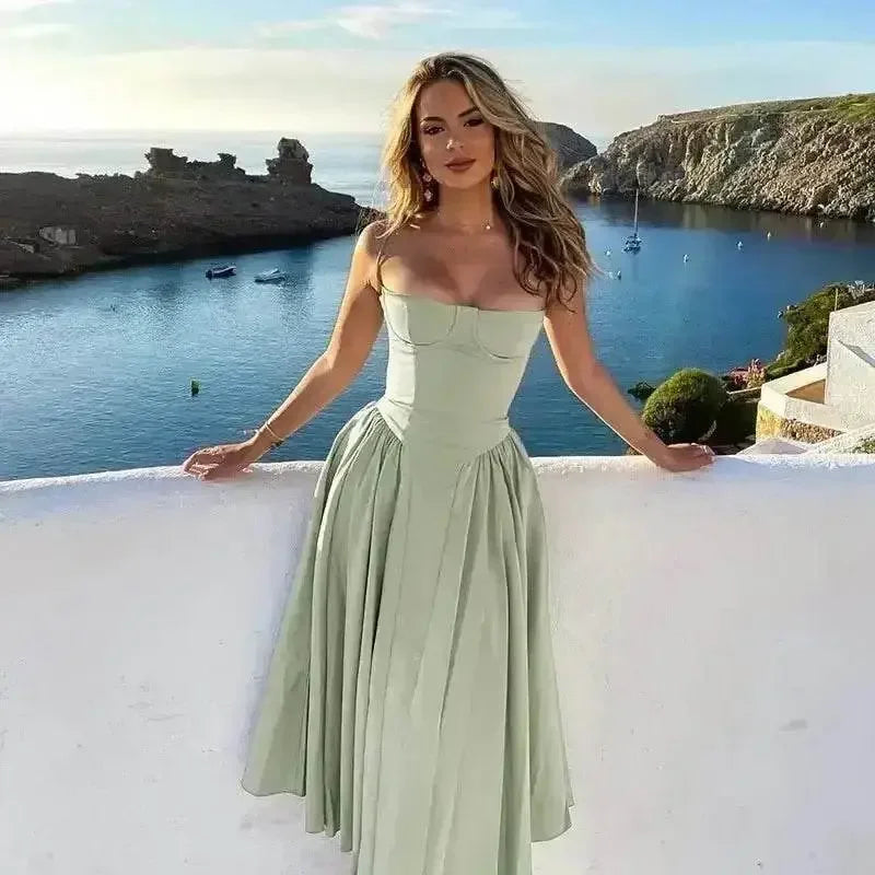 Elegant Spaghetti Strap Midi Dress Women Party Slim A Line Solid Suspender Lady Dresses New Spring Summer Fashion Sexy Vestidos - GiFTiFY