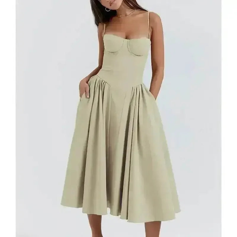 Elegant Spaghetti Strap Midi Dress Women Party Slim A Line Solid Suspender Lady Dresses New Spring Summer Fashion Sexy Vestidos - GiFTiFY