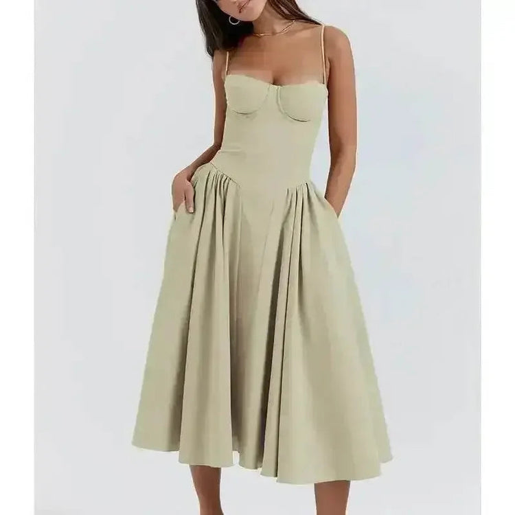 Elegant Spaghetti Strap Midi Dress Women Party Slim A Line Solid Suspender Lady Dresses New Spring Summer Fashion Sexy Vestidos - GiFTiFY
