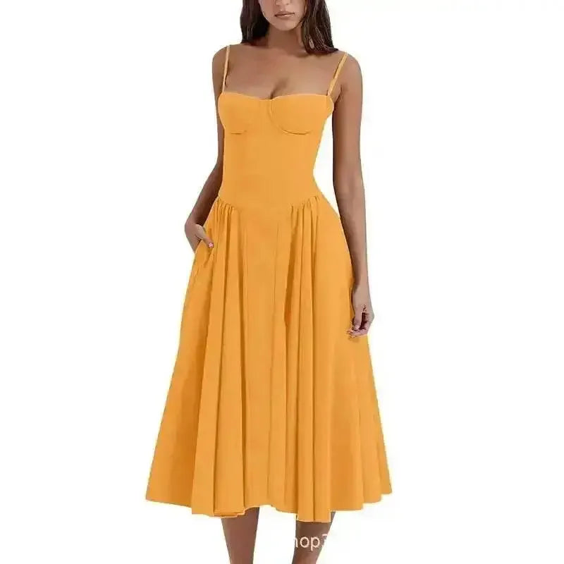 Elegant Spaghetti Strap Midi Dress Women Party Slim A Line Solid Suspender Lady Dresses New Spring Summer Fashion Sexy Vestidos - GiFTiFY