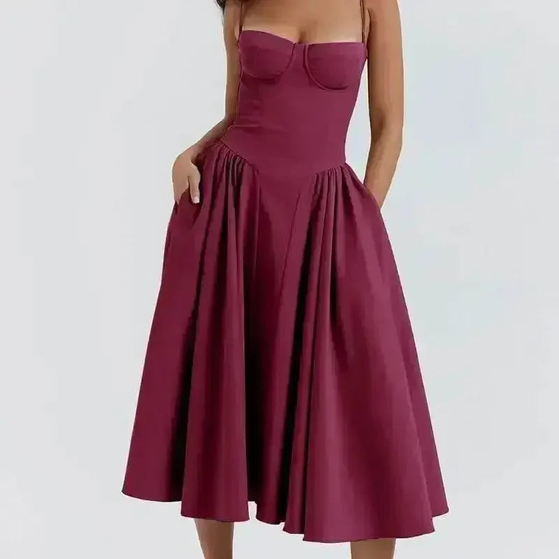 Elegant Spaghetti Strap Midi Dress Women Party Slim A Line Solid Suspender Lady Dresses New Spring Summer Fashion Sexy Vestidos - GiFTiFY