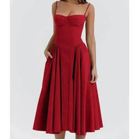 Elegant Spaghetti Strap Midi Dress Women Party Slim A Line Solid Suspender Lady Dresses New