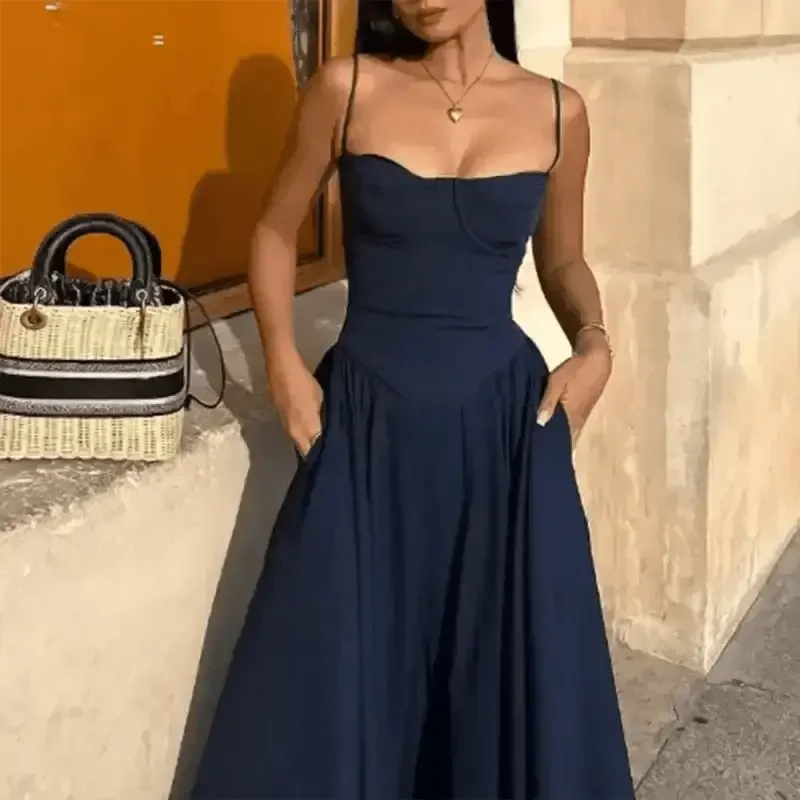 Elegant Spaghetti Strap Midi Dress Women Party Slim A Line Solid Suspender Lady Dresses New Spring Summer Fashion Sexy Vestidos women's dresses by DSERS