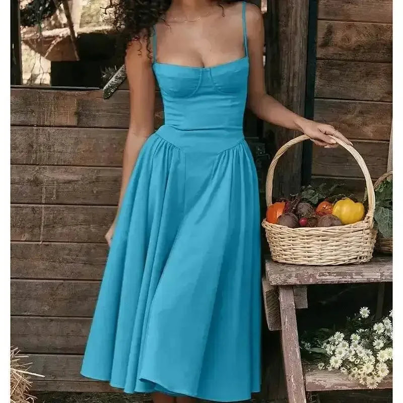 Elegant Spaghetti Strap Midi Dress Women Party Slim A Line Solid Suspender Lady Dresses New Spring Summer Fashion Sexy Vestidos - GiFTiFY