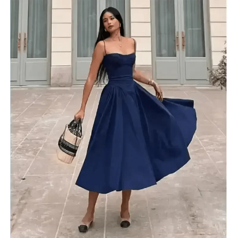 Elegant Spaghetti Strap Midi Dress Women Party Slim A Line Solid Suspender Lady Dresses New Spring Summer Fashion Sexy Vestidos - GiFTiFY