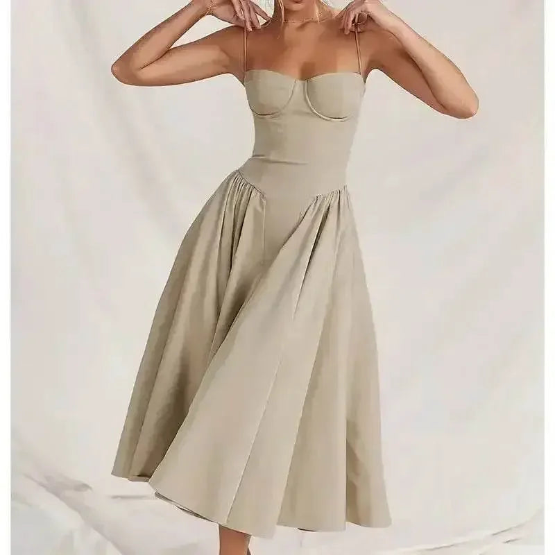 Elegant Spaghetti Strap Midi Dress Women Party Slim A Line Solid Suspender Lady Dresses New Spring Summer Fashion Sexy Vestidos - GiFTiFY