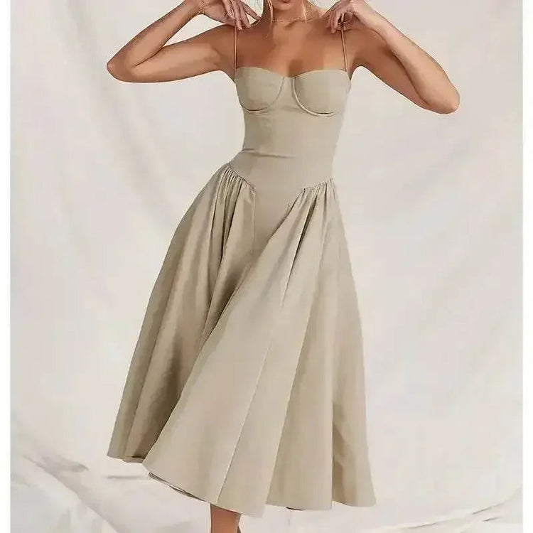 Elegant Spaghetti Strap Midi Dress Women Party Slim A Line Solid Suspender Lady Dresses New Spring Summer Fashion Sexy Vestidos - GiFTiFY