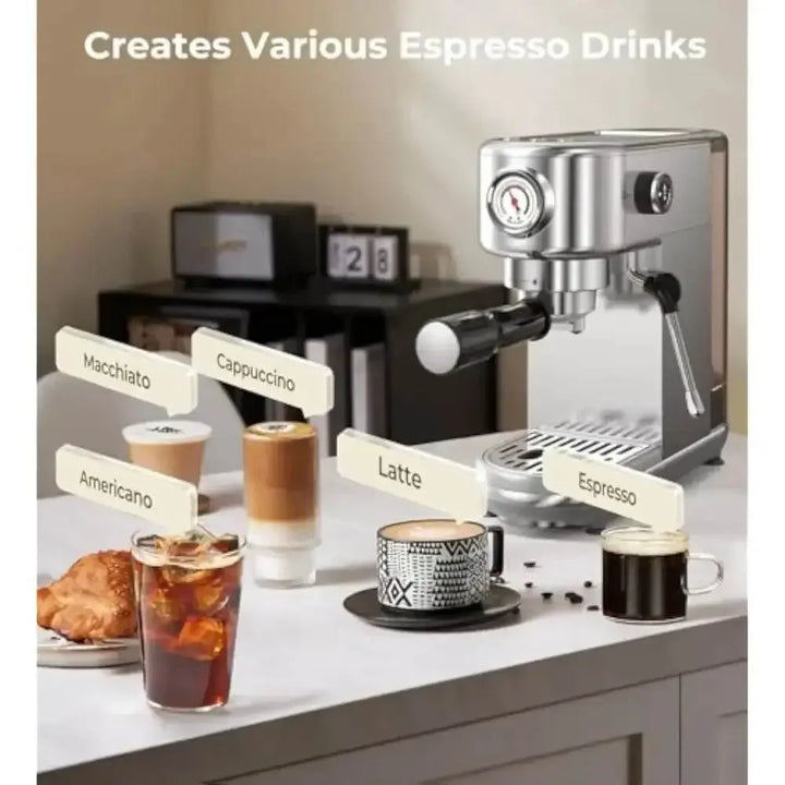 Espresso Machine with Milk Frother, 20 Bar High Pressure Professional Espresso Maker Automatic, Compact Stainless Steel Coffee Maker - GiFTiFY