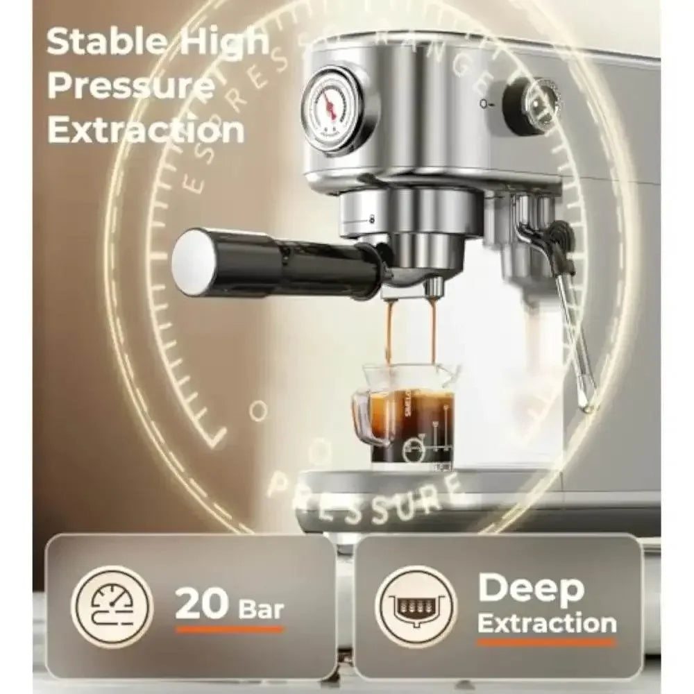 Espresso Machine with Milk Frother, 20 Bar High Pressure Professional Espresso Maker Automatic, Compact Stainless Steel Coffee Maker - GiFTiFY