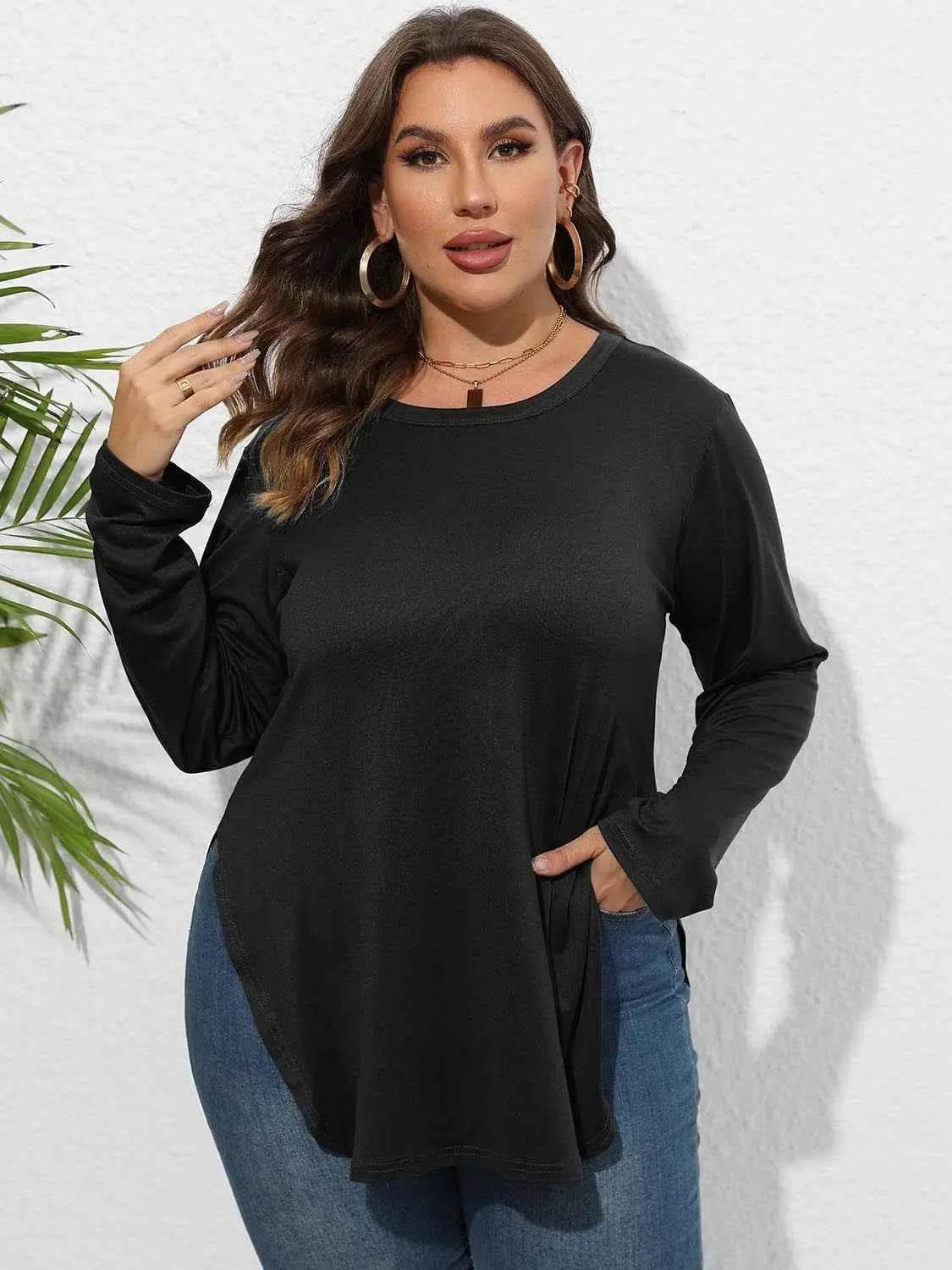Plus Size Round Neck Long Sleeve Slit T-Shirt - GiFTiFY