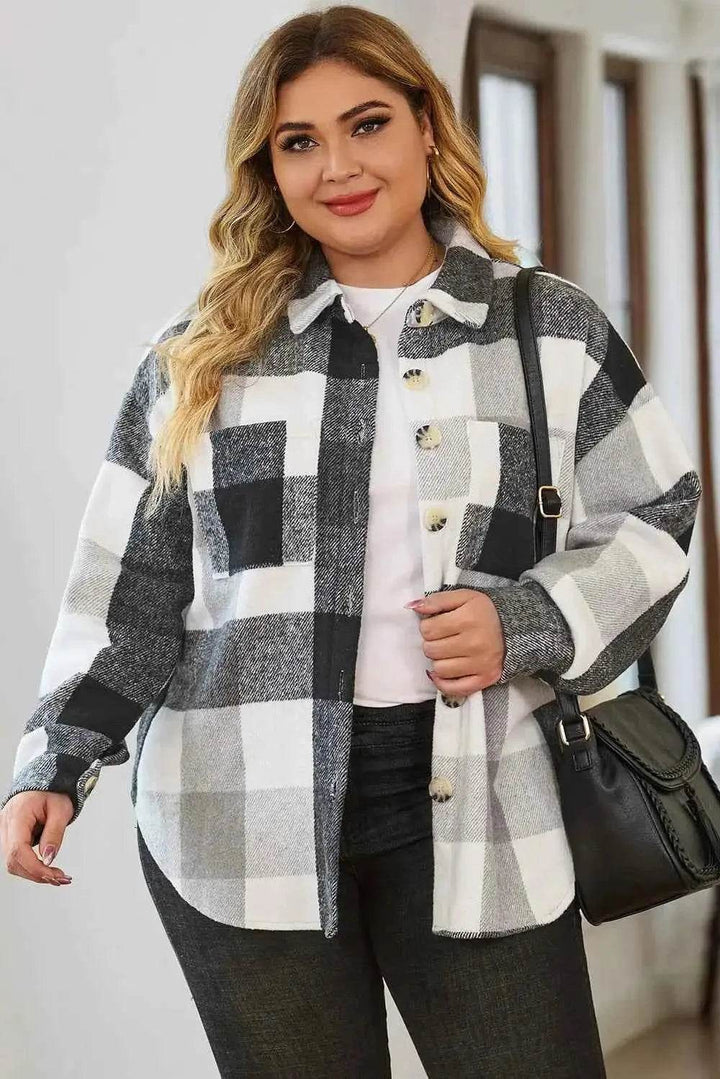 Plus Size Plaid Button Up Collared Neck Jacket - GiFTiFY