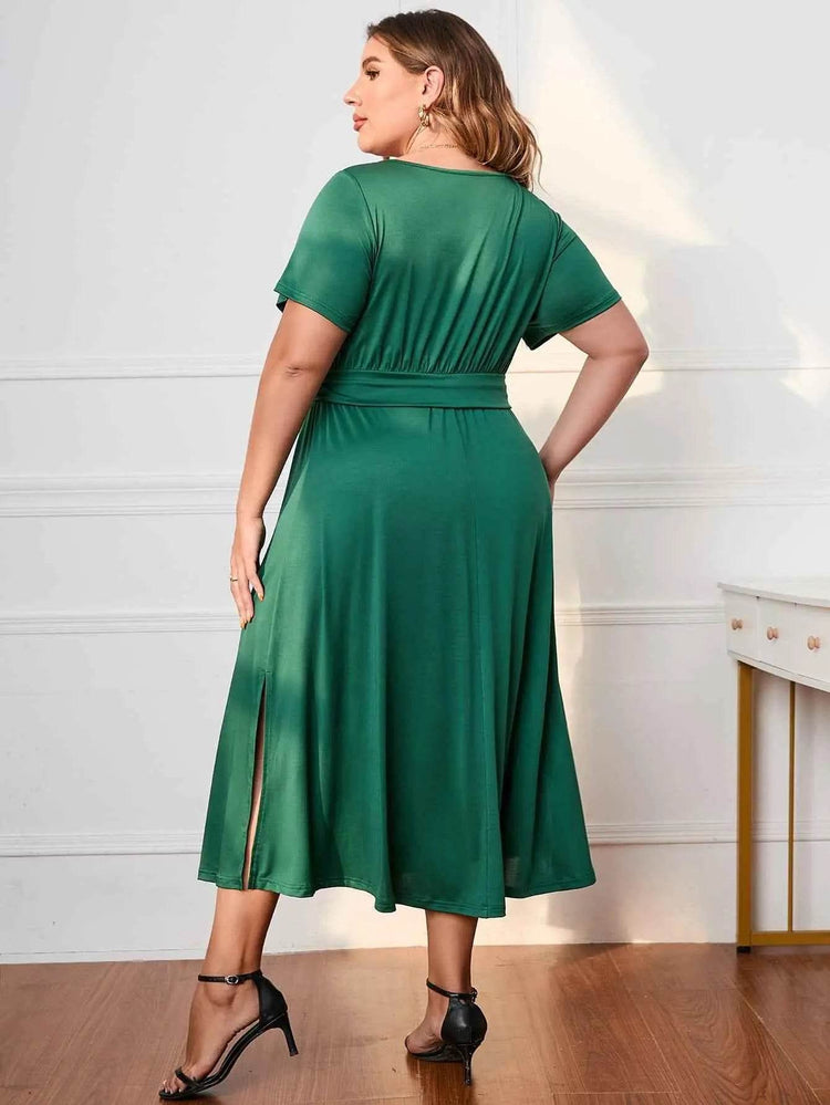 Honey Plus Size Short Sleeve Surplice Neck Midi Dress - GiFTiFY