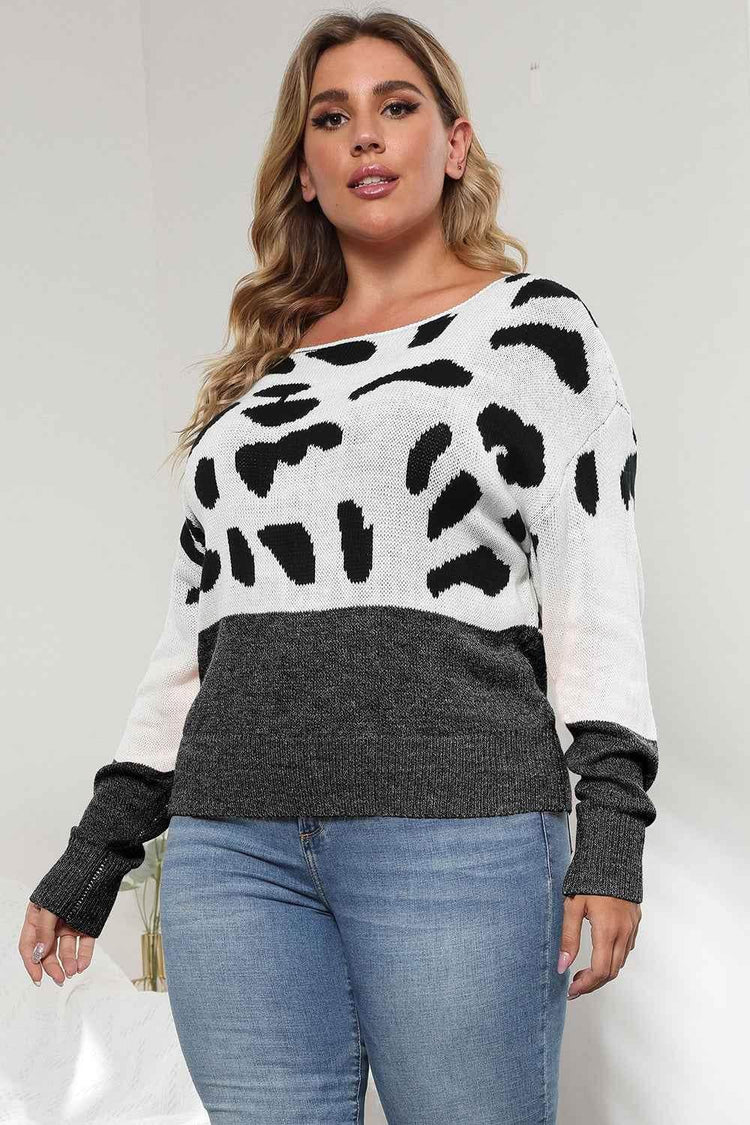 Plus Size Leopard Round Neck Long Sleeve Sweater - GiFTiFY