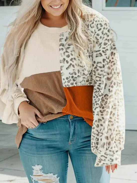 Plus Size Color Block Leopard Round Neck Top - GiFTiFY