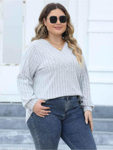 Plus Size Ribbed V-Neck Long Sleeve Top - GiFTiFY