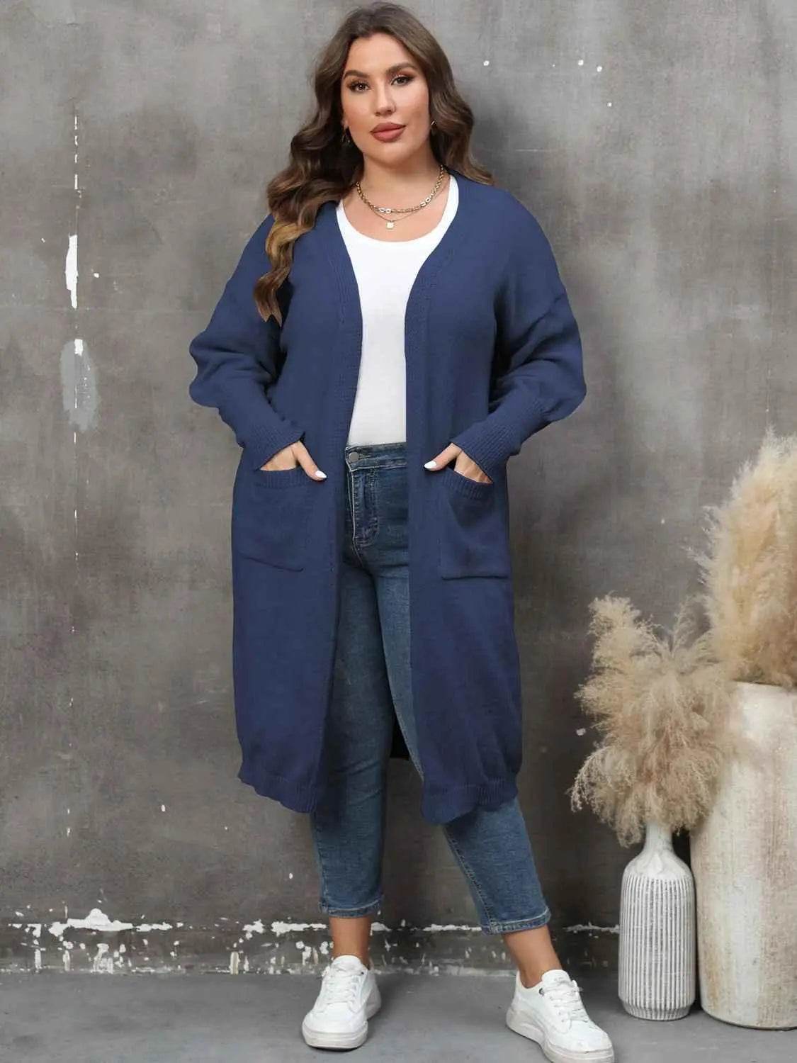 Plus Size Long Sleeve Pocketed Cardigan - GiFTiFY