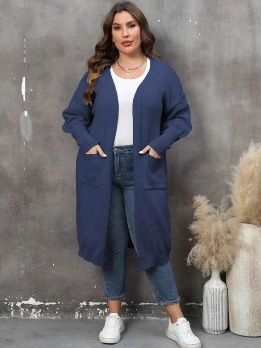 Plus Size Long Sleeve Pocketed Cardigan - GiFTiFY