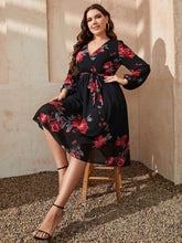 Honey Plus Size Floral Surplice Neck Tie Waist Dress - GiFTiFY