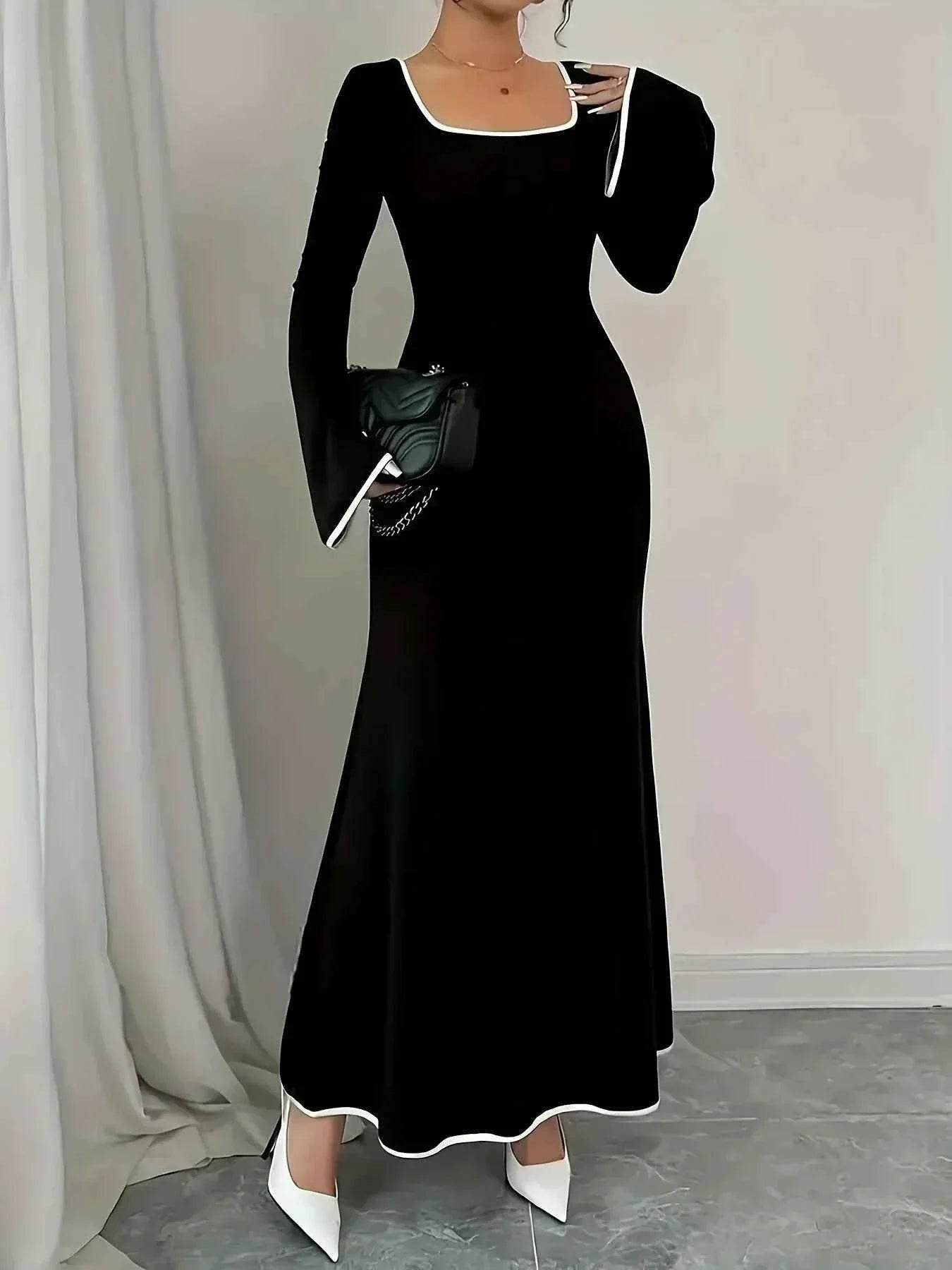Plus Size Contrast Trim Square Neck Long Sleeve Maxi Dress - GiFTiFY