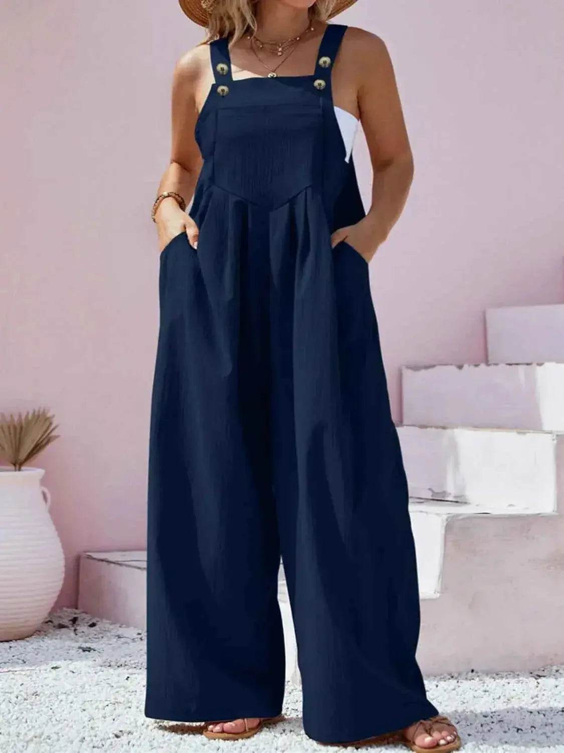 Plus Size Square Neck Wide Leg Overalls - GiFTiFY