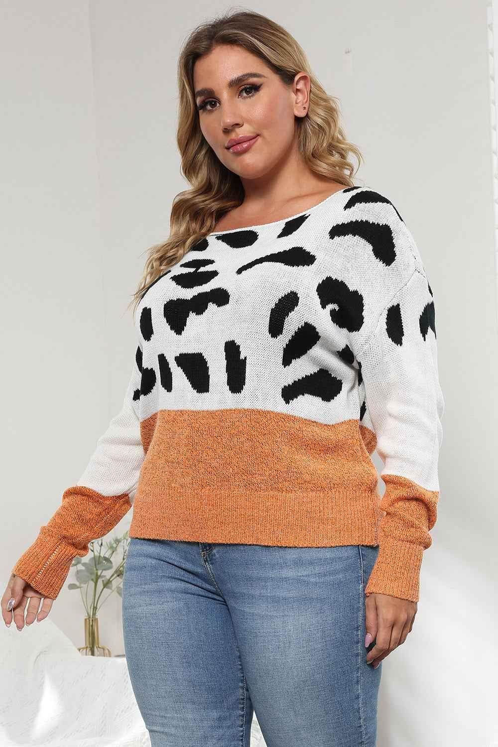 Plus Size Leopard Round Neck Long Sleeve Sweater - GiFTiFY