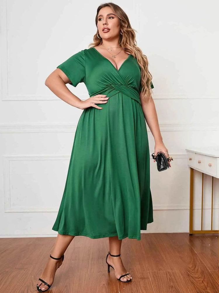 Honey Plus Size Short Sleeve Surplice Neck Midi Dress - GiFTiFY