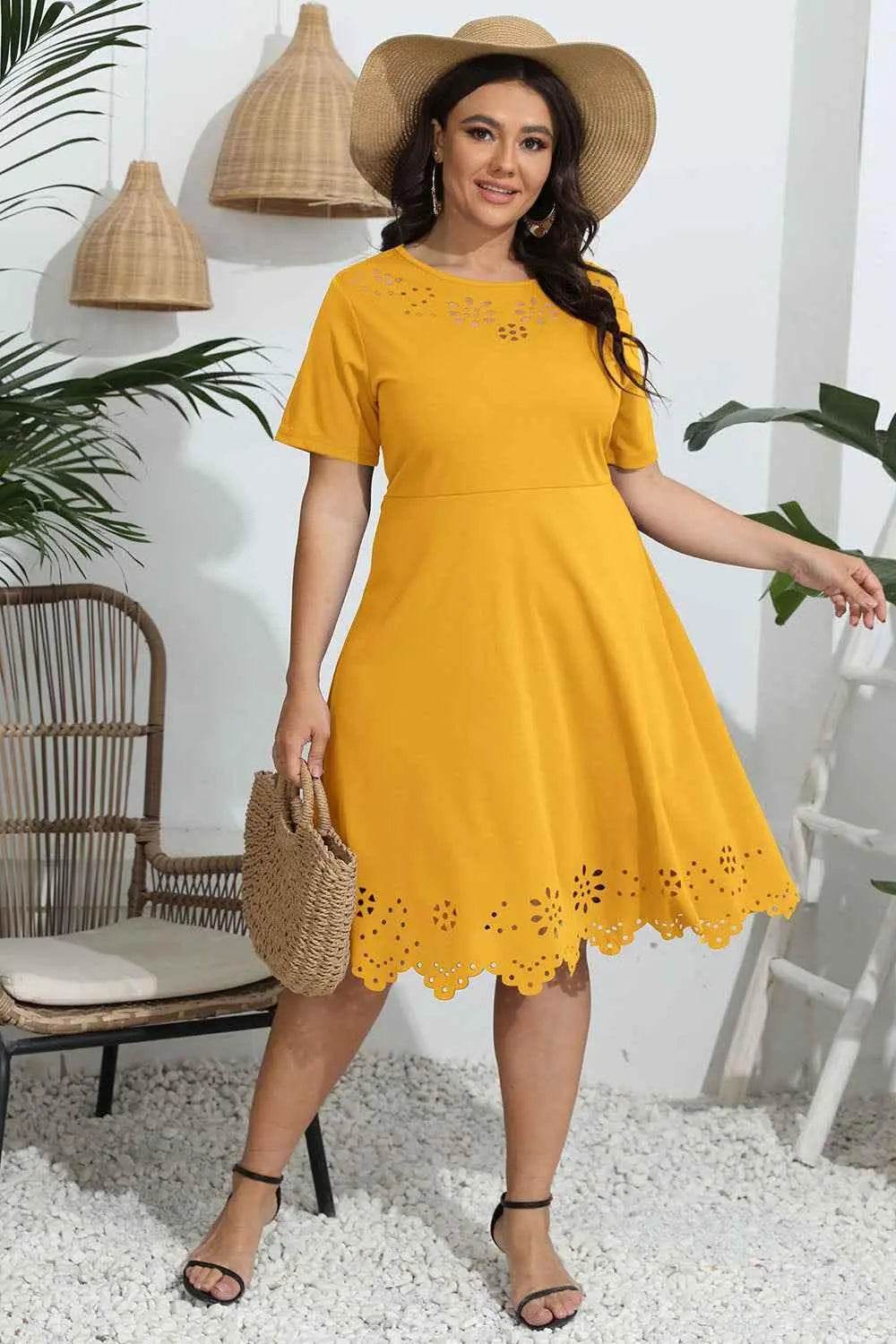 Plus Size Round Neck Openwork Dress - GiFTiFY