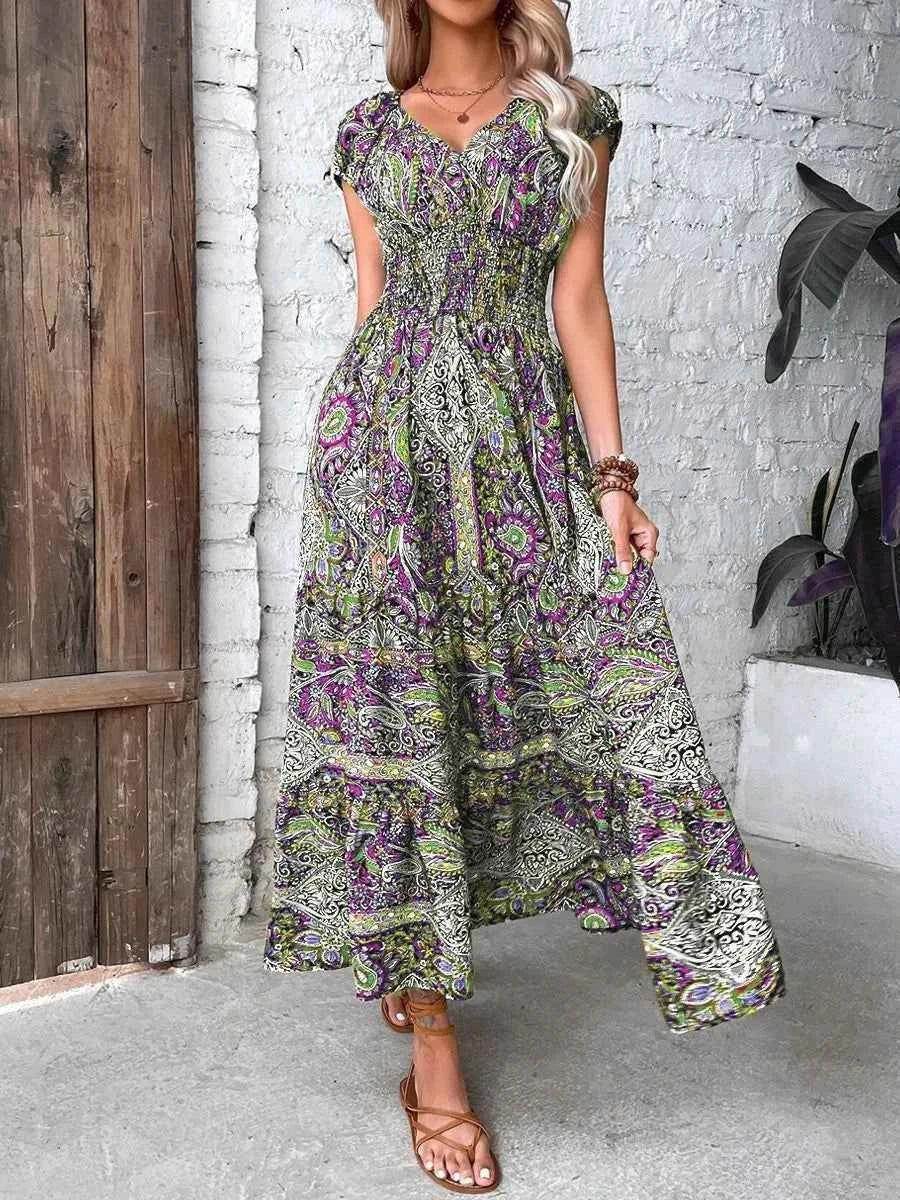 Plus Size Printed V-Neck Short Sleeve Midi Dress women Attire by Trendsi