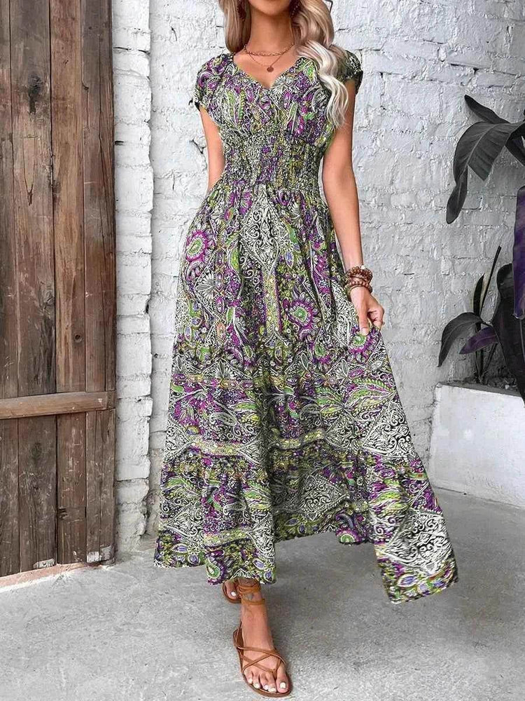 Plus Size Printed V-Neck Short Sleeve Midi Dress women Attire by Trendsi