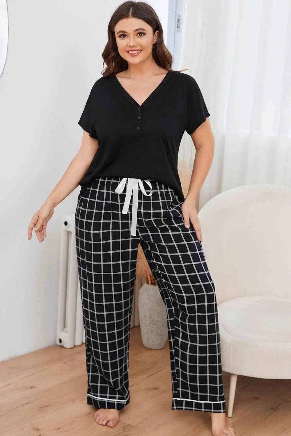 Plus Size V-Neck Top and Plaid Pants Lounge Set - GiFTiFY