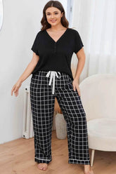 Plus Size V-Neck Top and Plaid Pants Lounge Set - GiFTiFY
