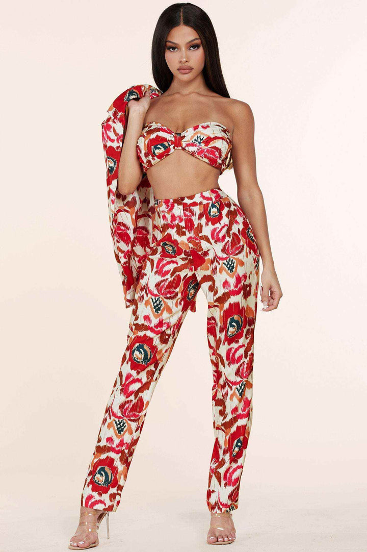Fasheabe 3pc Flower Print Bandeau Top Pants Set - GiFTiFY