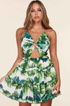 Fasheabe Leaf Print O-ring Mini Dress