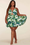 Fasheabe Leaf Print O-ring Mini Dress - Plus Size