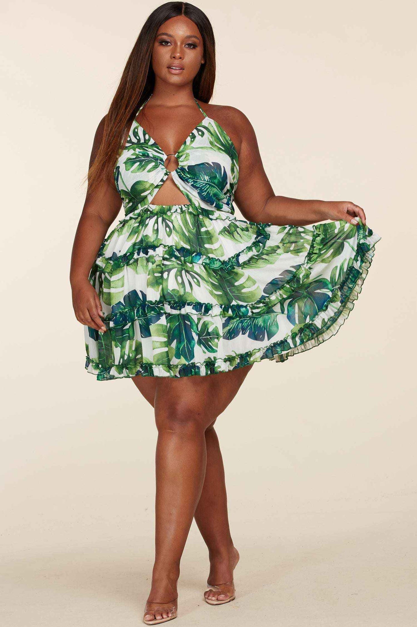 Fasheabe Leaf Print O-ring Mini Dress - Plus Size