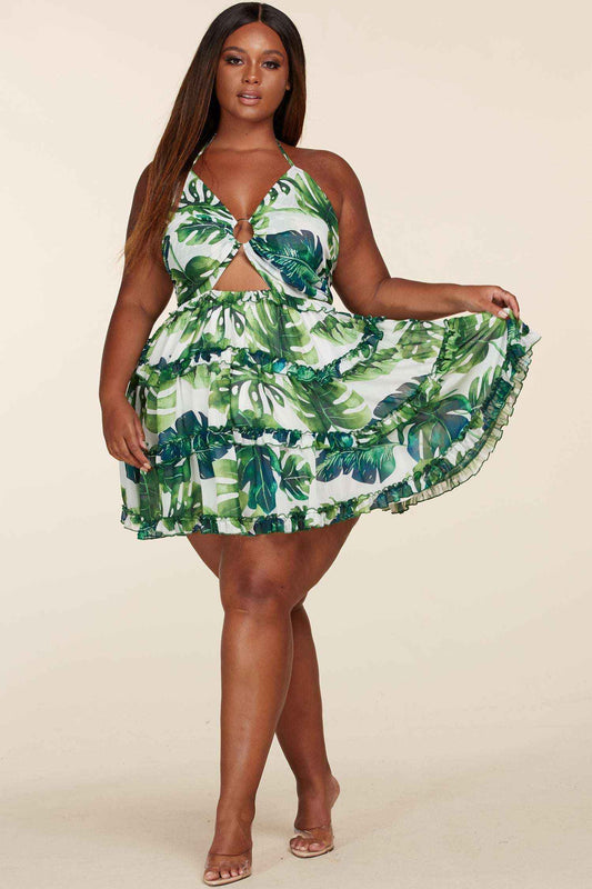 Fasheabe Leaf Print O-ring Mini Dress - Plus Size