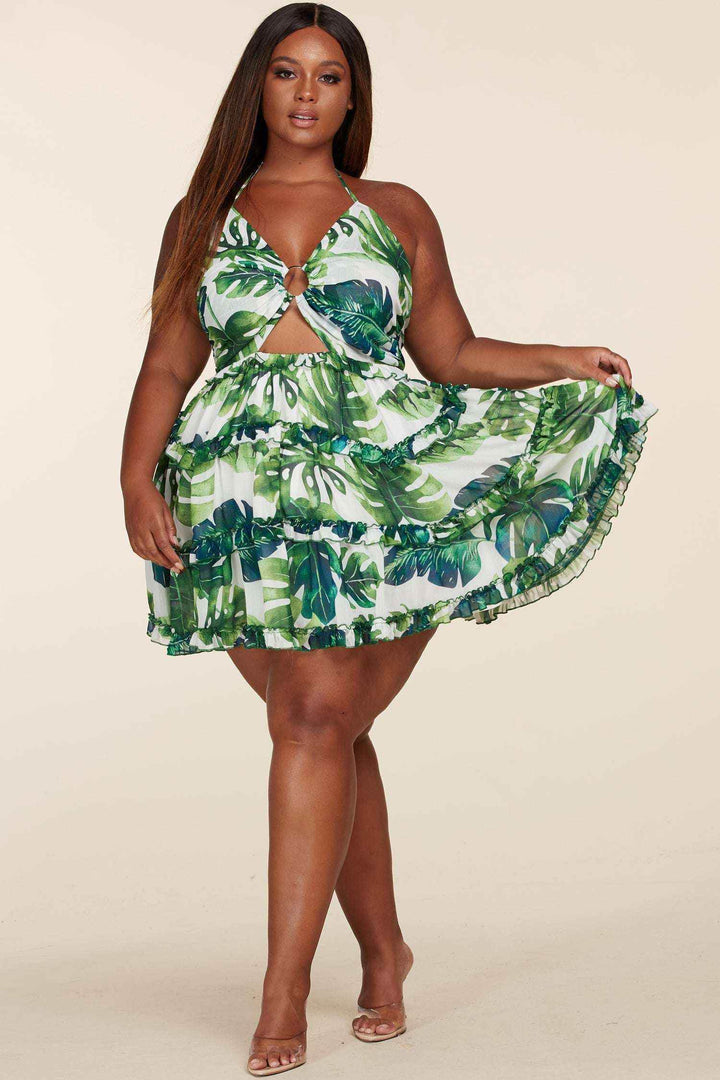 Fasheabe Leaf Print O-ring Mini Dress - Plus Size - GiFTiFY