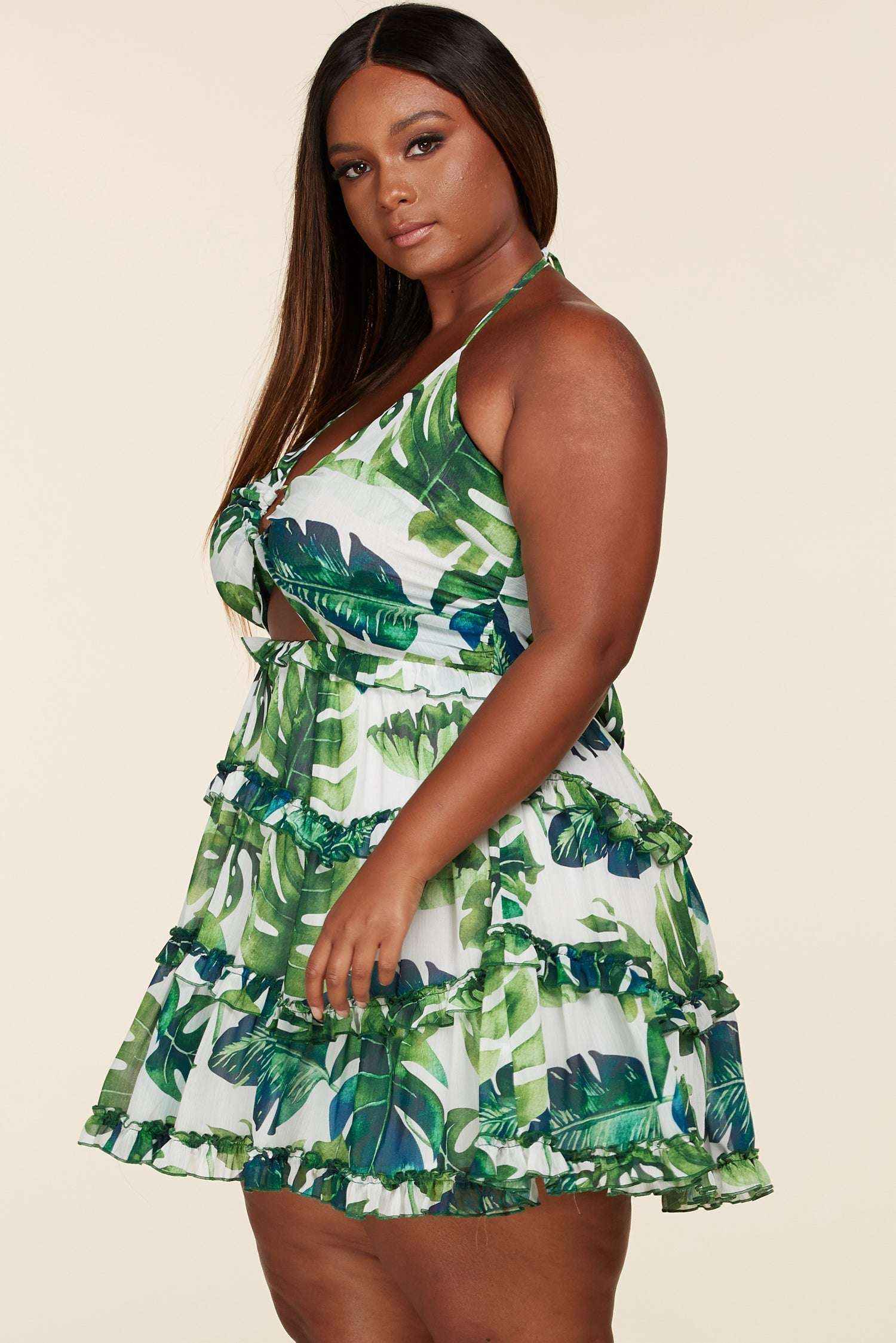 Fasheabe Leaf Print O-ring Mini Dress - Plus Size