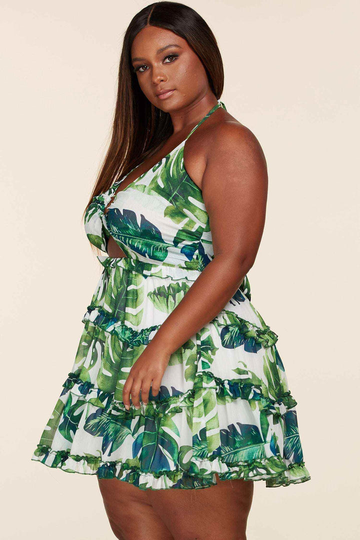 Fasheabe Leaf Print O-ring Mini Dress - Plus Size - GiFTiFY