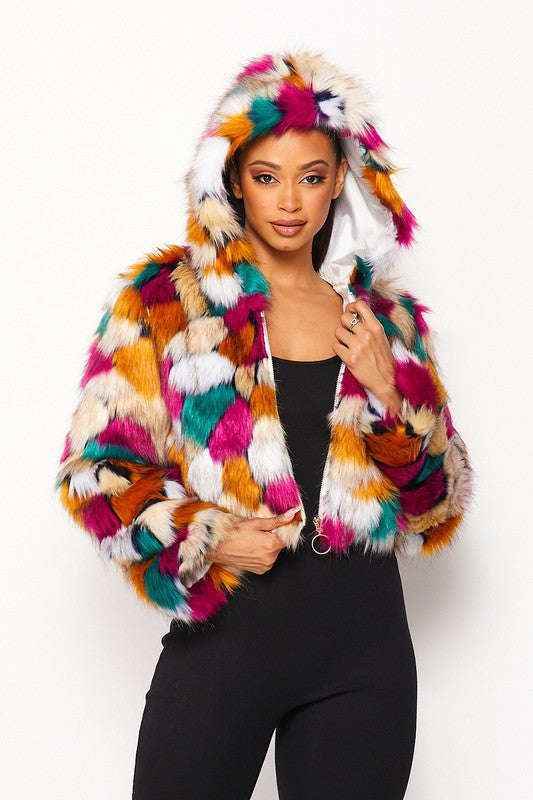Fasheabe Multicolor Faux Fur Hooded Jacket With Front Zipper - GiFTiFY
