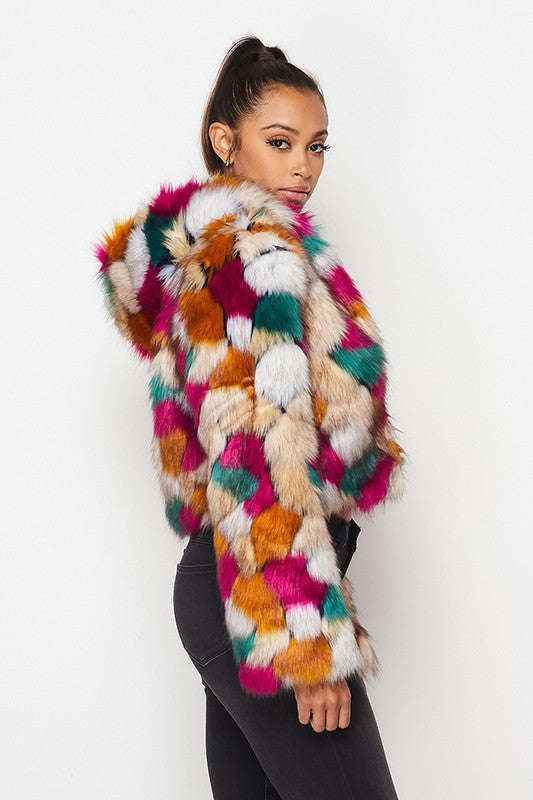Fasheabe Multicolor Faux Fur Hooded Jacket With Front Zipper - GiFTiFY