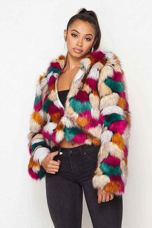 Fasheabe Multicolor Faux Fur Hooded Jacket With Front Zipper - GiFTiFY