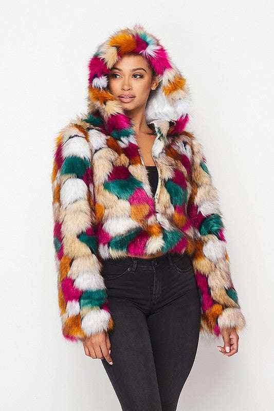 Fasheabe Multicolor Faux Fur Hooded Jacket With Front Zipper - GiFTiFY