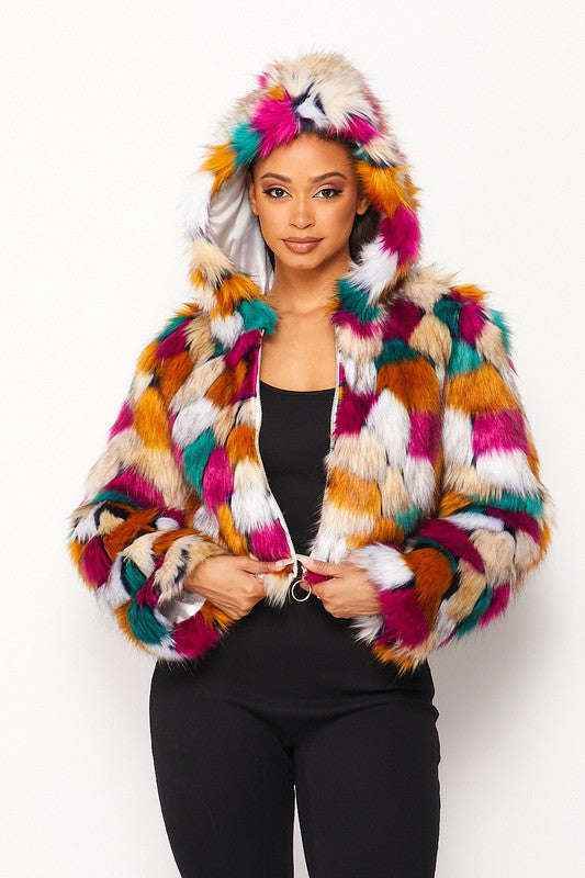 Fasheabe Multicolor Faux Fur Hooded Jacket With Front Zipper - GiFTiFY