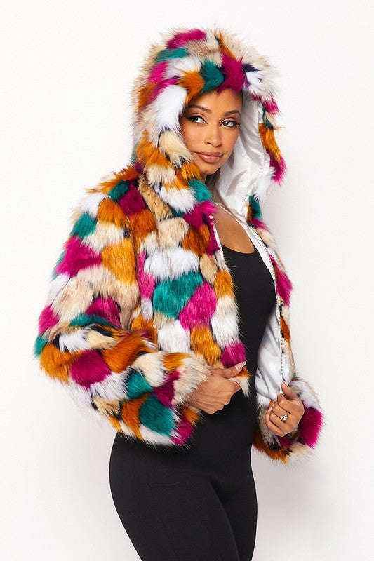 Fasheabe Multicolor Faux Fur Hooded Jacket With Front Zipper - GiFTiFY