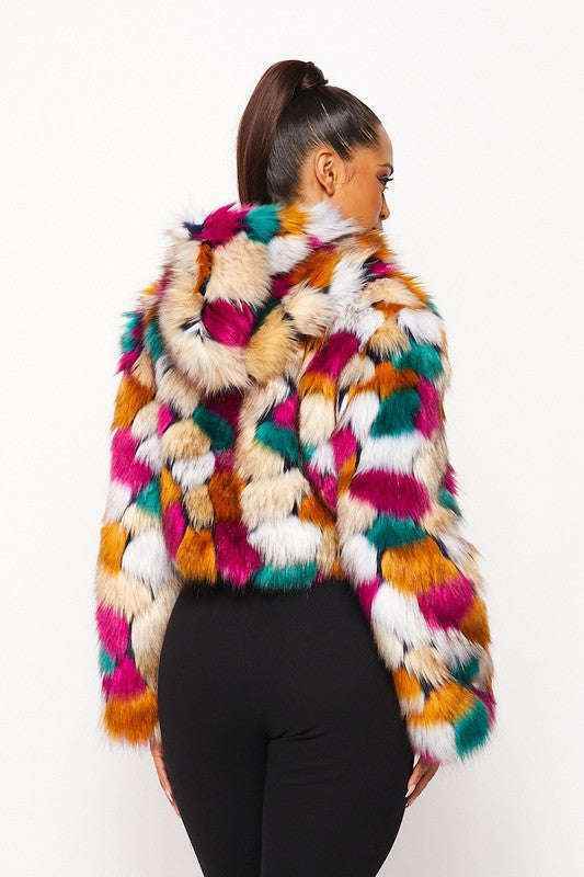 Fasheabe Multicolor Faux Fur Hooded Jacket With Front Zipper - GiFTiFY