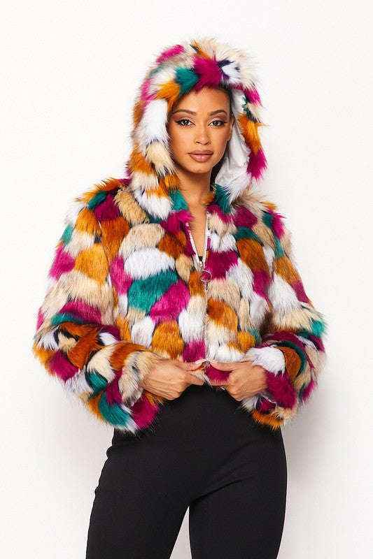 Fasheabe Multicolor Faux Fur Hooded Jacket With Front Zipper - GiFTiFY
