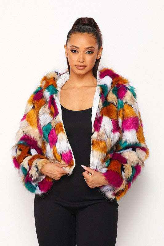 Fasheabe Multicolor Faux Fur Hooded Jacket With Front Zipper - GiFTiFY