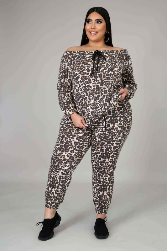 Fasheabe Off The Shoulder Cheetah Print Jogger Set